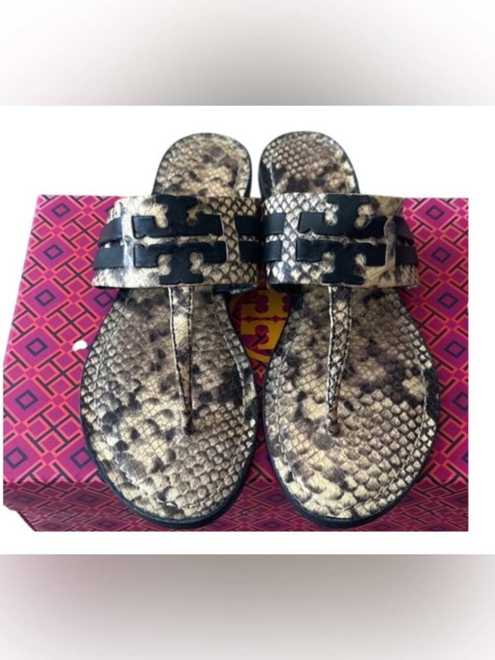 Tory Burch Leigh Thong Sandals 9.5 Roccia Snakeskin Black Logo